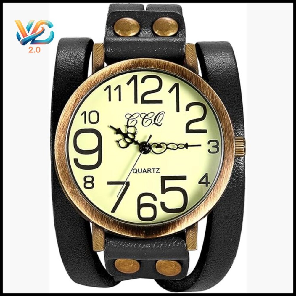 Vintage Leather Wrap Cuff Bracelet Watch with Large Arabic Markers